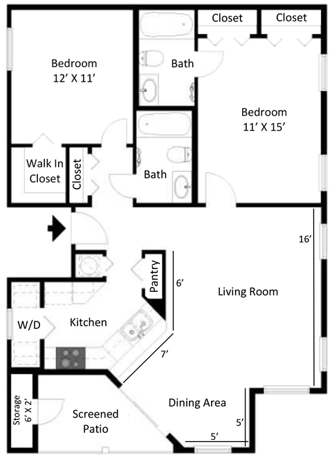 Floor plan for 2 beds, 2 baths, 1060 sqft